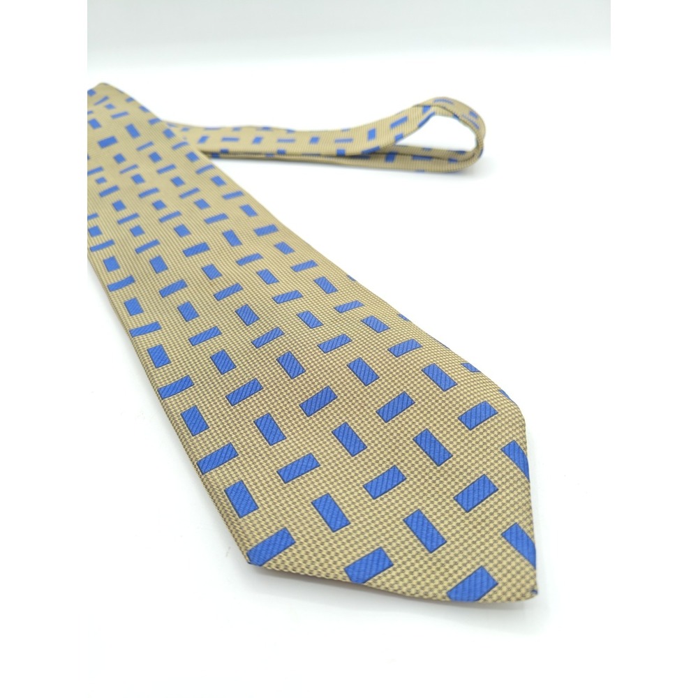 Tom James Mens Silk Tie Gold Blue Geometric Made in USA 57x3.875